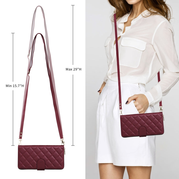 For iPhone 15 Crossbody Rhombic Zipper Tower Buckle Leather Phone Case with Lanyard(Wine Red) - HoMEdemic™ 