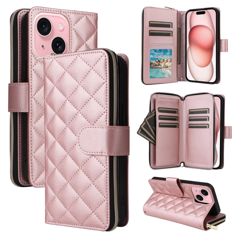 For iPhone 15 Crossbody Rhombic Zipper Tower Buckle Leather Phone Case with Lanyard(Rose Gold) - HoMEdemic™ 