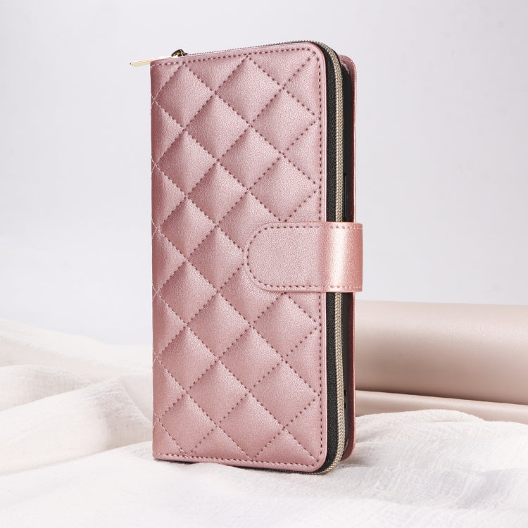 For iPhone 15 Crossbody Rhombic Zipper Tower Buckle Leather Phone Case with Lanyard(Rose Gold) - HoMEdemic™ 