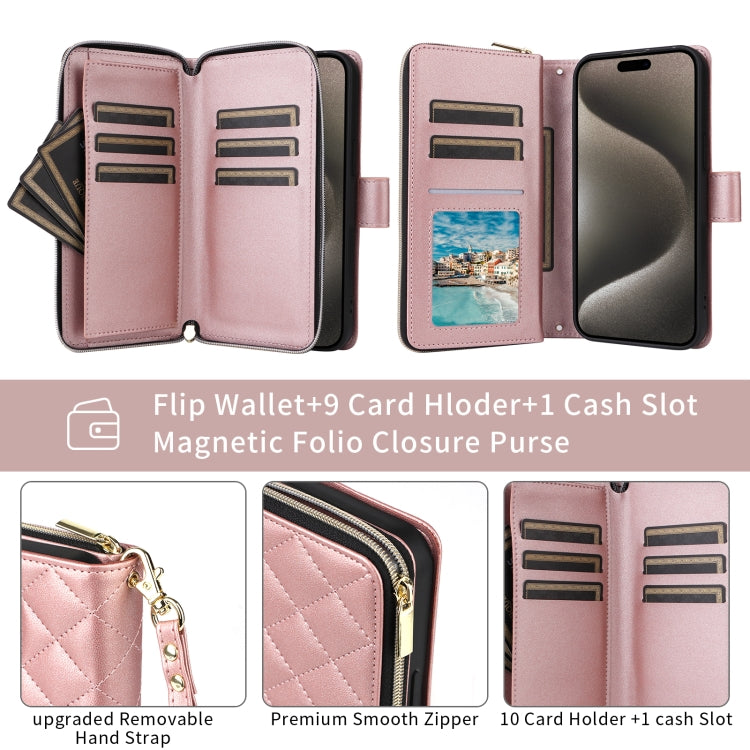 For iPhone 15 Crossbody Rhombic Zipper Tower Buckle Leather Phone Case with Lanyard(Rose Gold) - HoMEdemic™ 