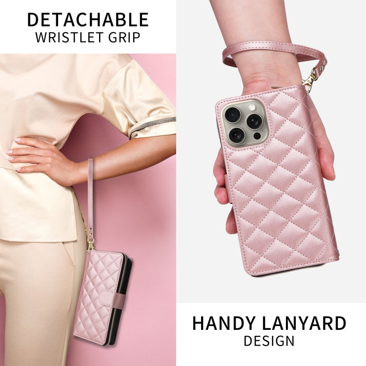 For iPhone 15 Crossbody Rhombic Zipper Tower Buckle Leather Phone Case with Lanyard(Rose Gold) - HoMEdemic™ 