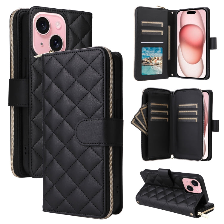 For iPhone 15 Crossbody Rhombic Zipper Tower Buckle Leather Phone Case with Lanyard(Black) - HoMEdemic™ 