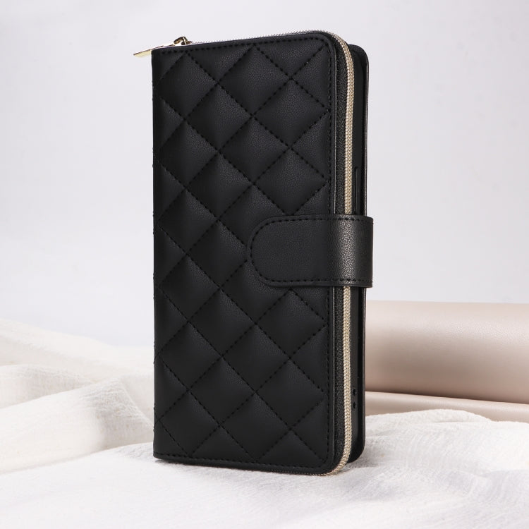 For iPhone 15 Crossbody Rhombic Zipper Tower Buckle Leather Phone Case with Lanyard(Black) - HoMEdemic™ 