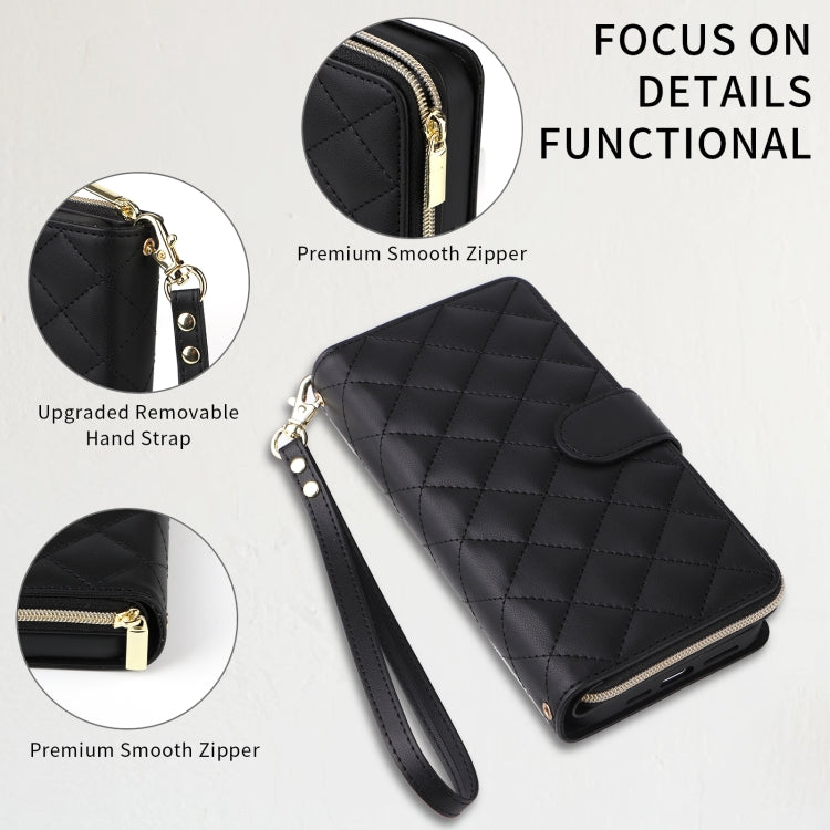 For iPhone 15 Crossbody Rhombic Zipper Tower Buckle Leather Phone Case with Lanyard(Black) - HoMEdemic™ 