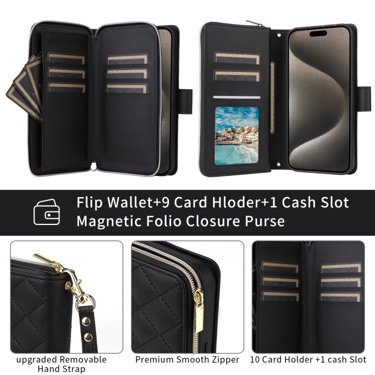 For iPhone 15 Crossbody Rhombic Zipper Tower Buckle Leather Phone Case with Lanyard(Black) - HoMEdemic™ 