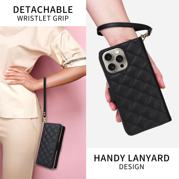 For iPhone 15 Crossbody Rhombic Zipper Tower Buckle Leather Phone Case with Lanyard(Black) - HoMEdemic™ 
