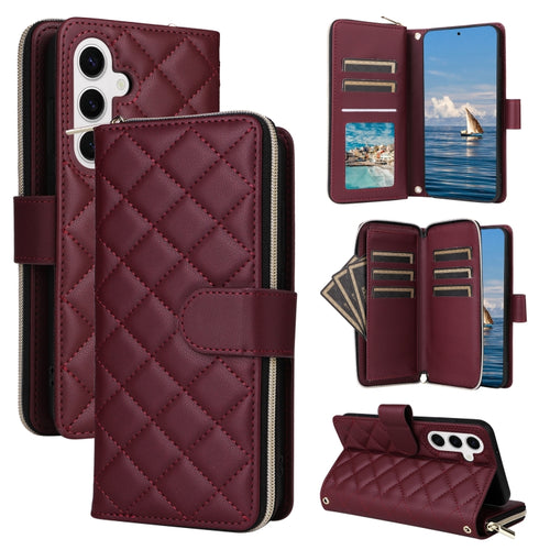 For Samsung Galaxy S24 5G Crossbody Rhombic Zipper Tower Buckle Leather Phone Case with Lanyard(Wine Red) - HoMEdemic™ 