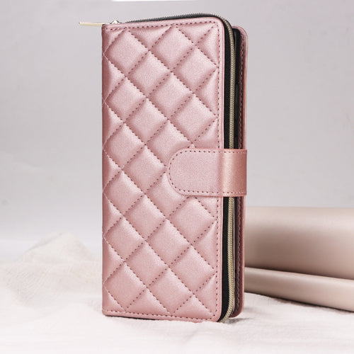 For Samsung Galaxy S24 5G Crossbody Rhombic Zipper Tower Buckle Leather Phone Case with Lanyard(Rose Gold) - HoMEdemic™ 