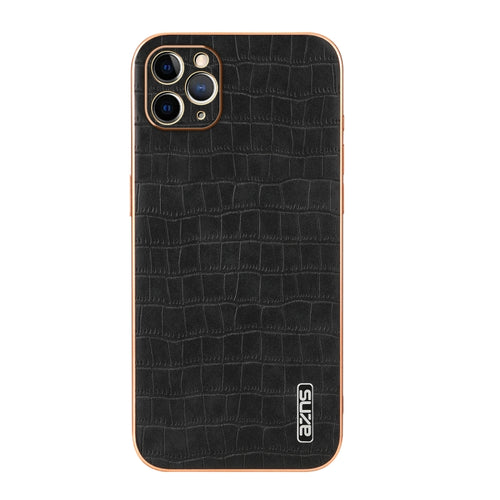 For iPhone 11 Pro AZNS Electroplated Frame Crocodile Texture Full Coverage Phone Case(Black) - HoMEdemic™ 