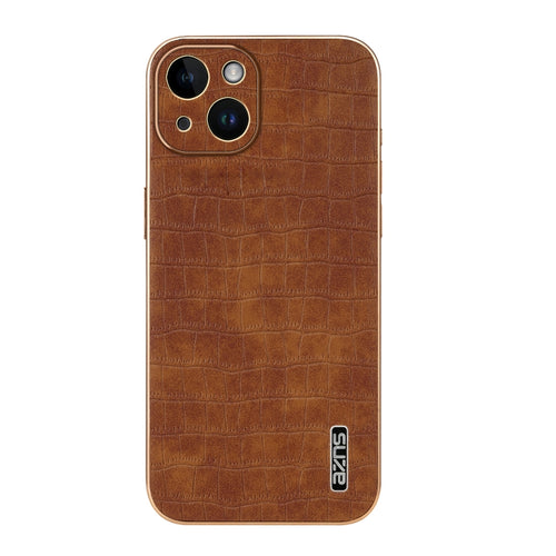 For iPhone 14 AZNS Electroplated Frame Crocodile Texture Full Coverage Phone Case(Brown) - HoMEdemic™ 