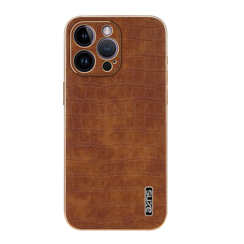 For iPhone 14 Pro AZNS Electroplated Frame Crocodile Texture Full Coverage Phone Case(Brown) - HoMEdemic™ 