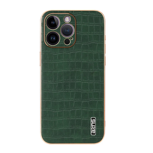 For iPhone 14 Pro AZNS Electroplated Frame Crocodile Texture Full Coverage Phone Case(Green) - HoMEdemic™ 