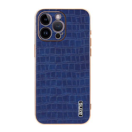 For iPhone 14 Pro AZNS Electroplated Frame Crocodile Texture Full Coverage Phone Case(Blue) - HoMEdemic™ 