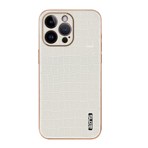 For iPhone 14 Pro AZNS Electroplated Frame Crocodile Texture Full Coverage Phone Case(White) - HoMEdemic™ 