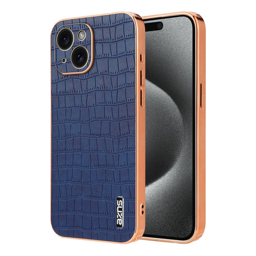 For iPhone 15 AZNS Electroplated Frame Crocodile Texture Full Coverage Phone Case(Blue) - HoMEdemic™ 