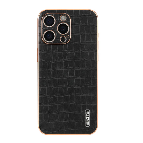 For iPhone 15 Pro AZNS Electroplated Frame Crocodile Texture Full Coverage Phone Case(Black) - HoMEdemic™ 