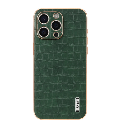 For iPhone 15 Pro AZNS Electroplated Frame Crocodile Texture Full Coverage Phone Case(Green) - HoMEdemic™ 