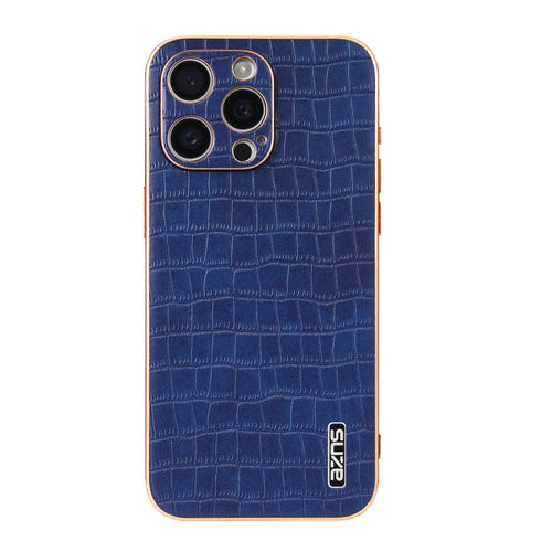 For iPhone 15 Pro AZNS Electroplated Frame Crocodile Texture Full Coverage Phone Case(Blue) - HoMEdemic™ 