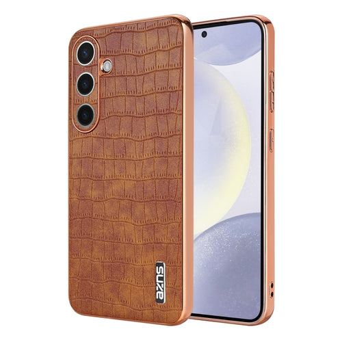 For Samsung Galaxy S24 5G AZNS Electroplated Frame Crocodile Texture Full Coverage Phone Case(Brown) - HoMEdemic™ 