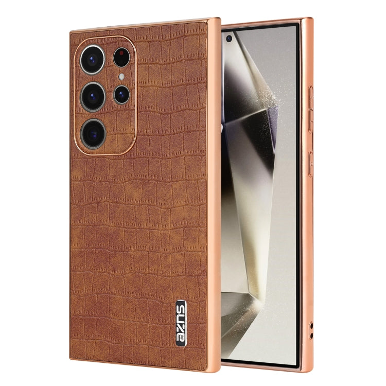 For Samsung Galaxy S24 Ultra 5G AZNS Electroplated Frame Crocodile Texture Full Coverage Phone Case(Brown) - HoMEdemic™ 