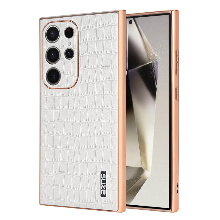 For Samsung Galaxy S24 Ultra 5G AZNS Electroplated Frame Crocodile Texture Full Coverage Phone Case(White) - HoMEdemic™ 
