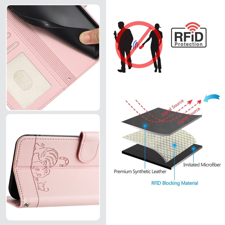 For iPhone 15 Pro Cat Rat Embossed Pattern RFID PU Phone Case with Wrist Strap(Pink) - HoMEdemic™ 