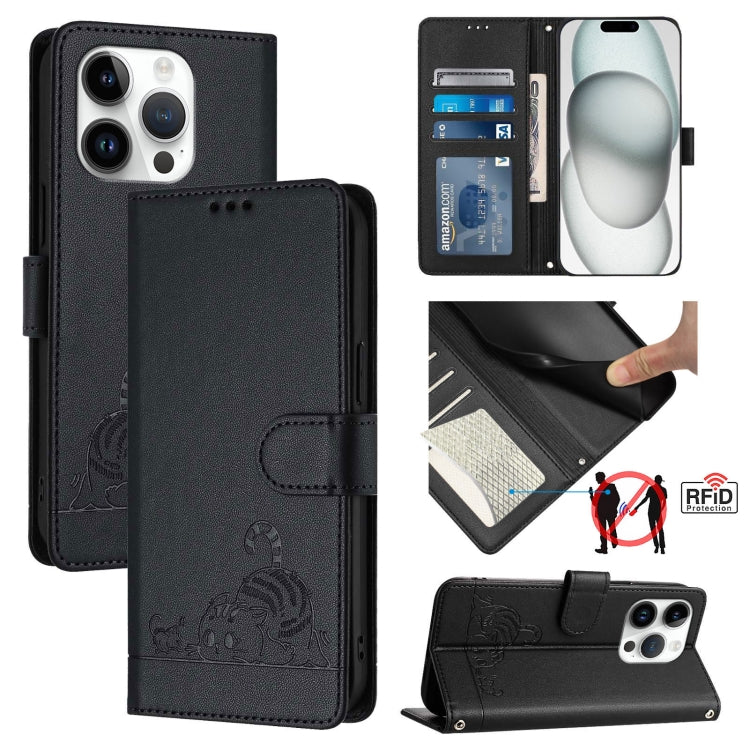 For iPhone 15 Pro Cat Rat Embossed Pattern RFID PU Phone Case with Wrist Strap(Black) - HoMEdemic™ 