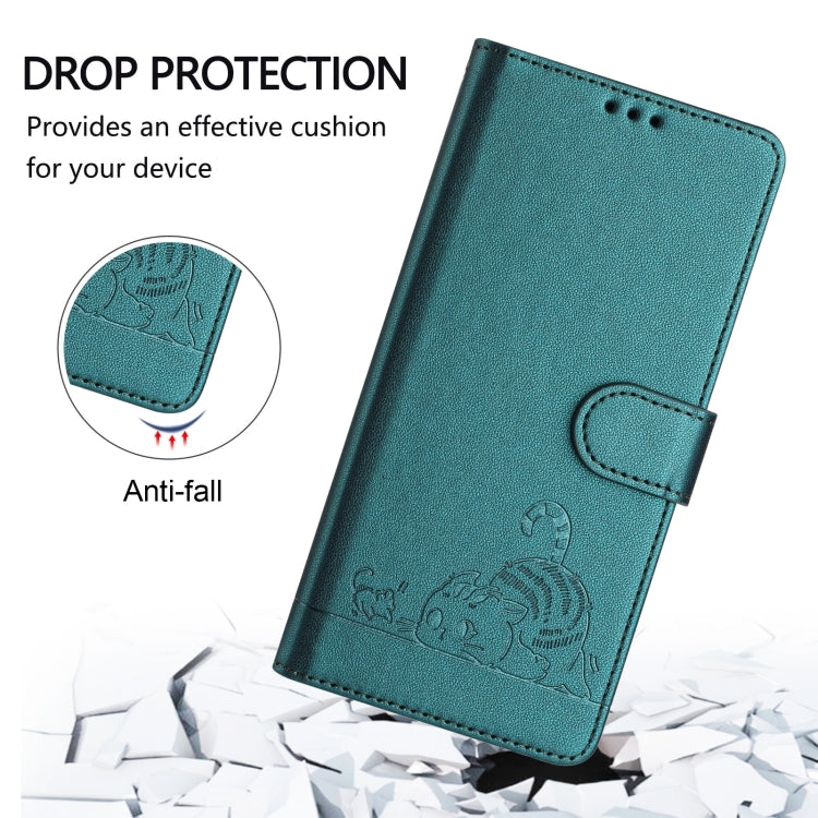 For iPhone 15 Pro Cat Rat Embossed Pattern RFID PU Phone Case with Wrist Strap(Peacock Green) - HoMEdemic™ 