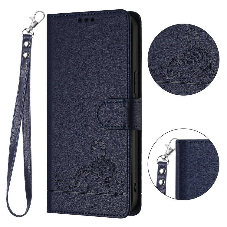 For iPhone 15 Pro Cat Rat Embossed Pattern RFID PU Phone Case with Wrist Strap(Blue) - HoMEdemic™ 