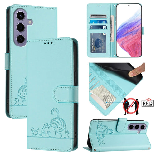 For Samsung Galax S24 5G Cat Rat Embossed Pattern RFID PU Phone Case with Wrist Strap(Mint Green) - HoMEdemic™ 