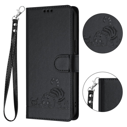 For Samsung Galax S24 5G Cat Rat Embossed Pattern RFID PU Phone Case with Wrist Strap(Black) - HoMEdemic™ 