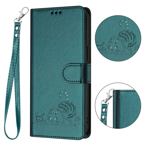 For Samsung Galax S24 5G Cat Rat Embossed Pattern RFID PU Phone Case with Wrist Strap(Peacock Green) - HoMEdemic™ 