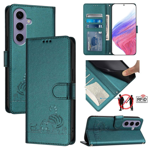 For Samsung Galax S24 5G Cat Rat Embossed Pattern RFID PU Phone Case with Wrist Strap(Peacock Green) - HoMEdemic™ 