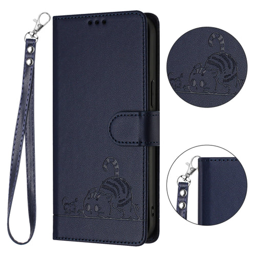 For Samsung Galax S24 5G Cat Rat Embossed Pattern RFID PU Phone Case with Wrist Strap(Blue) - HoMEdemic™ 