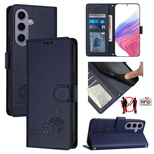 For Samsung Galax S24 5G Cat Rat Embossed Pattern RFID PU Phone Case with Wrist Strap(Blue) - HoMEdemic™ 