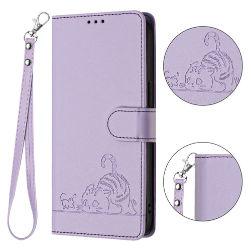 For Samsung Galax S24 5G Cat Rat Embossed Pattern RFID PU Phone Case with Wrist Strap(Purple) - HoMEdemic™ 