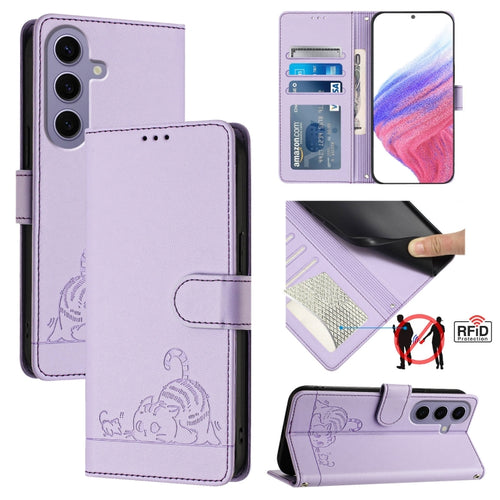 For Samsung Galax S24 5G Cat Rat Embossed Pattern RFID PU Phone Case with Wrist Strap(Purple) - HoMEdemic™ 