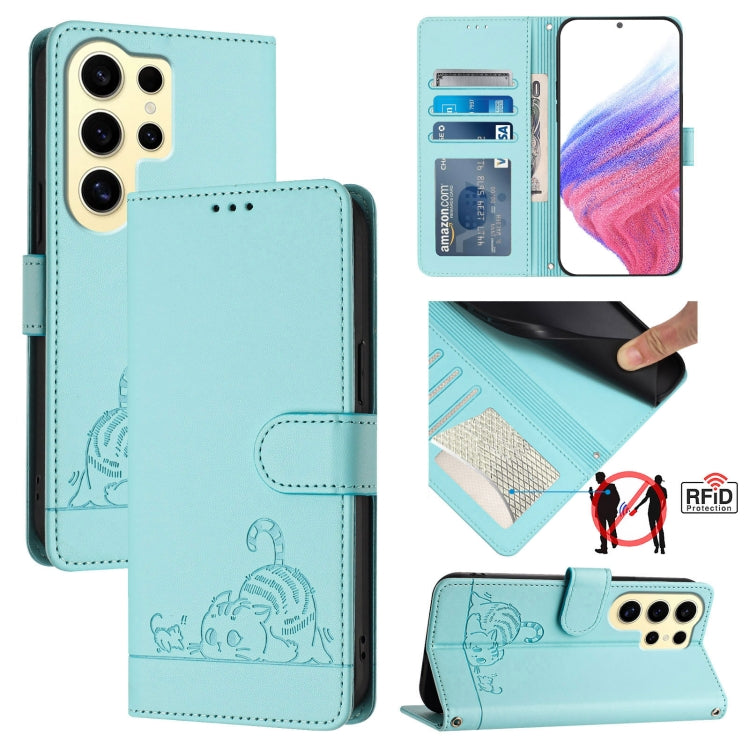 For Samsung Galax S24 Ultra 5G Cat Rat Embossed Pattern RFID PU Phone Case with Wrist Strap(Mint Green) - HoMEdemic™ 