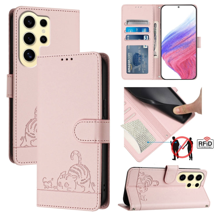 For Samsung Galax S24 Ultra 5G Cat Rat Embossed Pattern RFID PU Phone Case with Wrist Strap(Pink) - HoMEdemic™ 