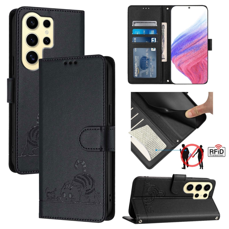 For Samsung Galax S24 Ultra 5G Cat Rat Embossed Pattern RFID PU Phone Case with Wrist Strap(Black) - HoMEdemic™ 