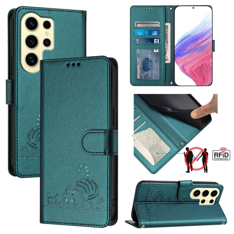 For Samsung Galax S24 Ultra 5G Cat Rat Embossed Pattern RFID PU Phone Case with Wrist Strap(Peacock Green) - HoMEdemic™ 