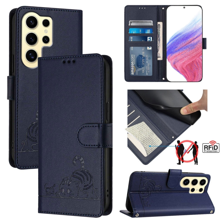 For Samsung Galax S24 Ultra 5G Cat Rat Embossed Pattern RFID PU Phone Case with Wrist Strap(Blue) - HoMEdemic™ 