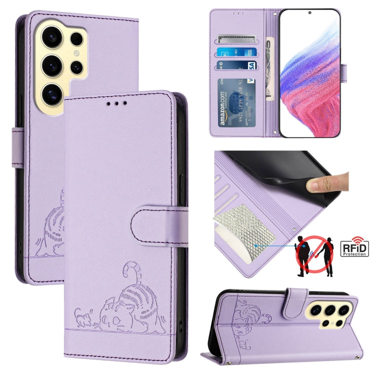 For Samsung Galax S24 Ultra 5G Cat Rat Embossed Pattern RFID PU Phone Case with Wrist Strap(Purple) - HoMEdemic™ 