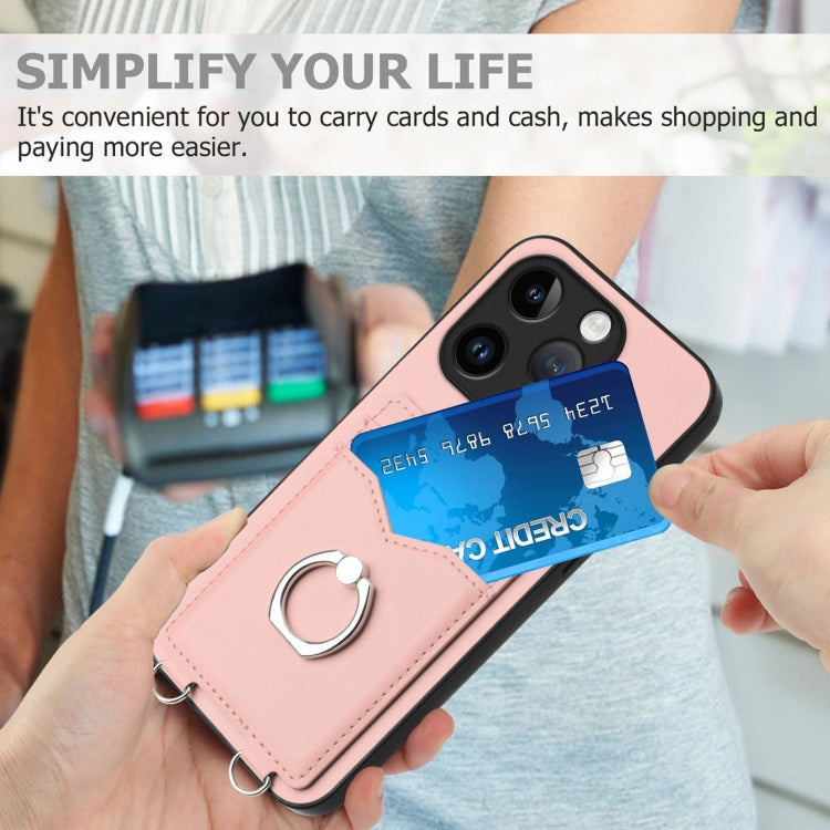 For iPhone 15 Pro R20 Ring Card Holder Phone Case(Pink) - HoMEdemic™ 
