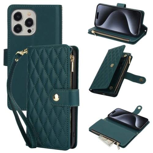 For iPhone 15 Pro Max YM016 Rhombic Zipper Card Wallet Leather Phone Case with Lanyard(Green) - HoMEdemic™ 