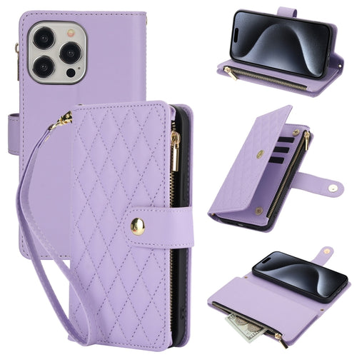 For iPhone 15 Pro Max YM016 Rhombic Zipper Card Wallet Leather Phone Case with Lanyard(Light Purple) - HoMEdemic™ 