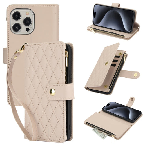 For iPhone 15 Pro Max YM016 Rhombic Zipper Card Wallet Leather Phone Case with Lanyard(Apricot) - HoMEdemic™ 