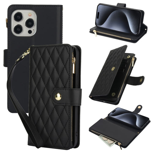 For iPhone 15 Pro Max YM016 Rhombic Zipper Card Wallet Leather Phone Case with Lanyard(Black) - HoMEdemic™ 