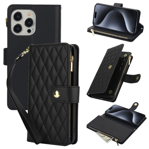 For iPhone 15 Pro Max Geometric Zipper Wallet Side Buckle Leather Phone Case(Black)