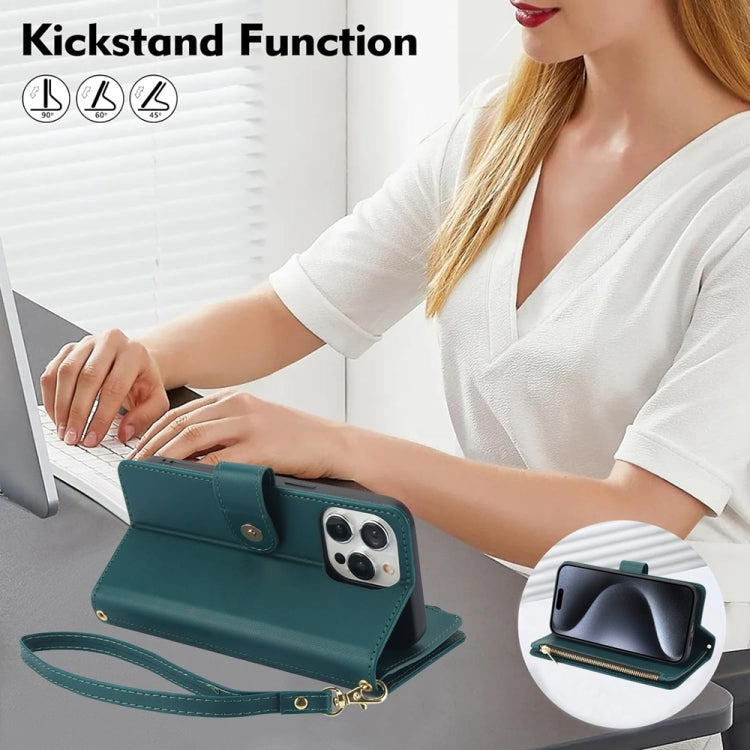 For iPhone 15 Pro YM016 Rhombic Zipper Card Wallet Leather Phone Case with Lanyard(Green) - HoMEdemic™ 